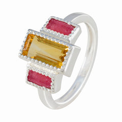 Chloe boho multicolor gemstone ring with rectangular yellow center stone and two pink baguettes in silver