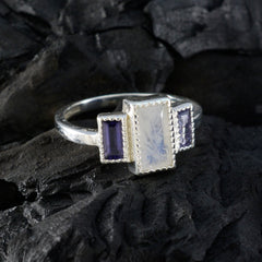 Chloe boho multicolor gemstone ring with rectangular moonstone center and two purple baguette stones on silver band
