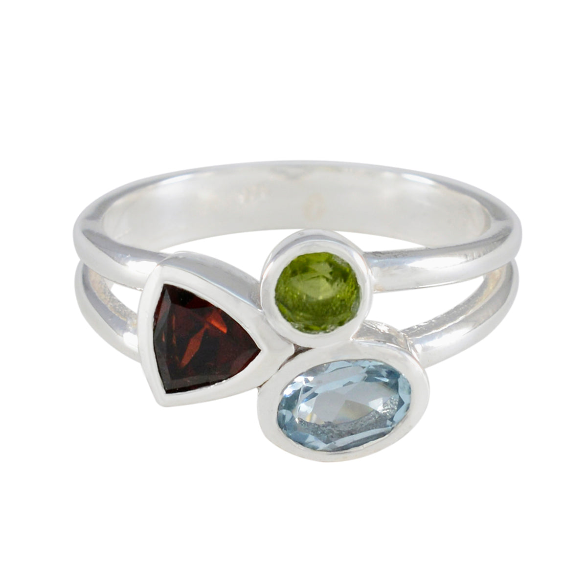 Maya silver ring with garnet triangle peridot round and aquamarine oval boho multicolor gemstone ring