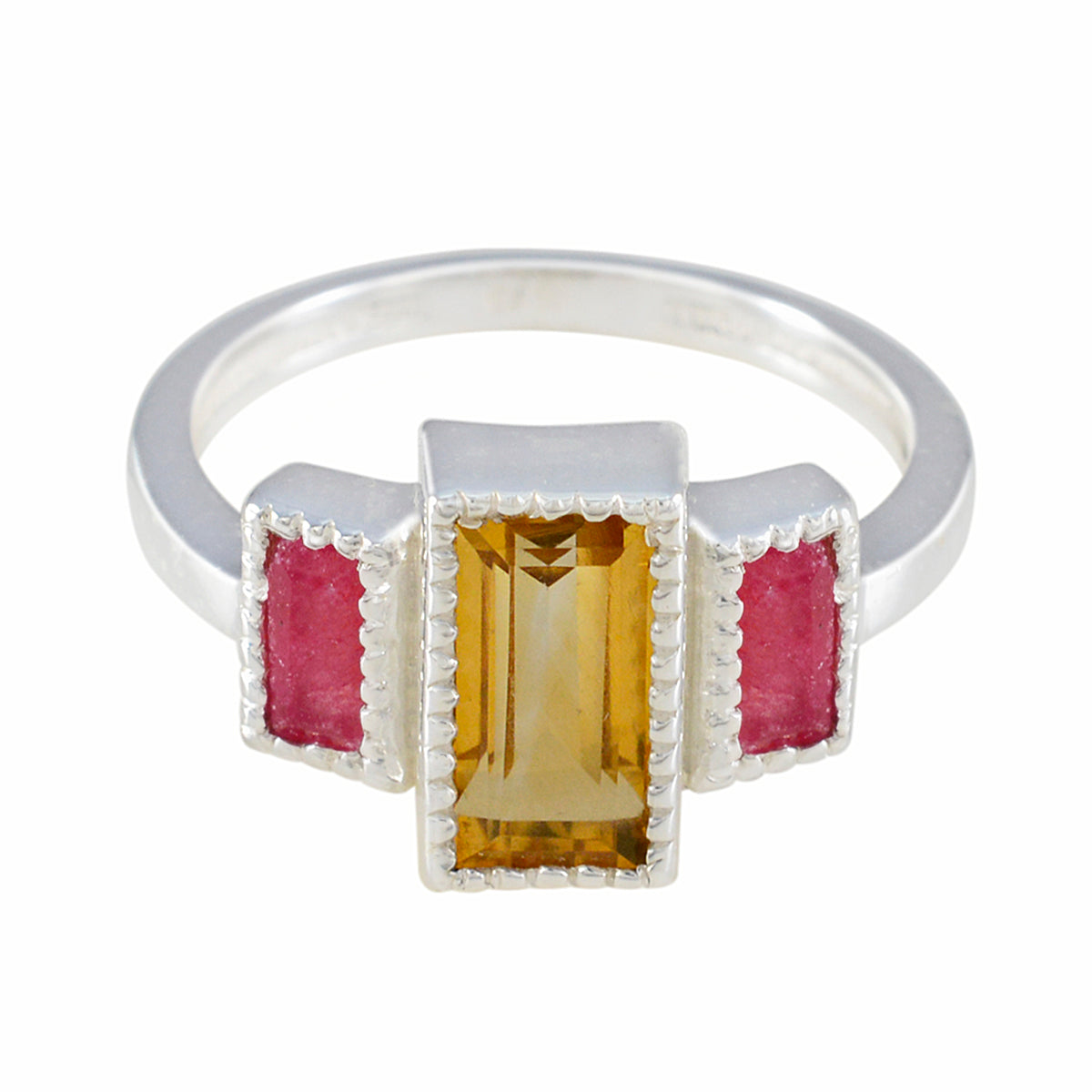 Chloe boho multicolor gemstone ring with rectangular yellow center stone and two pink side stones
