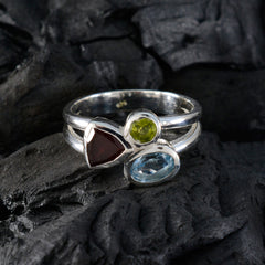 Maya boho multicolor gemstone ring sterling silver stackable design with garnet peridot and blue topaz