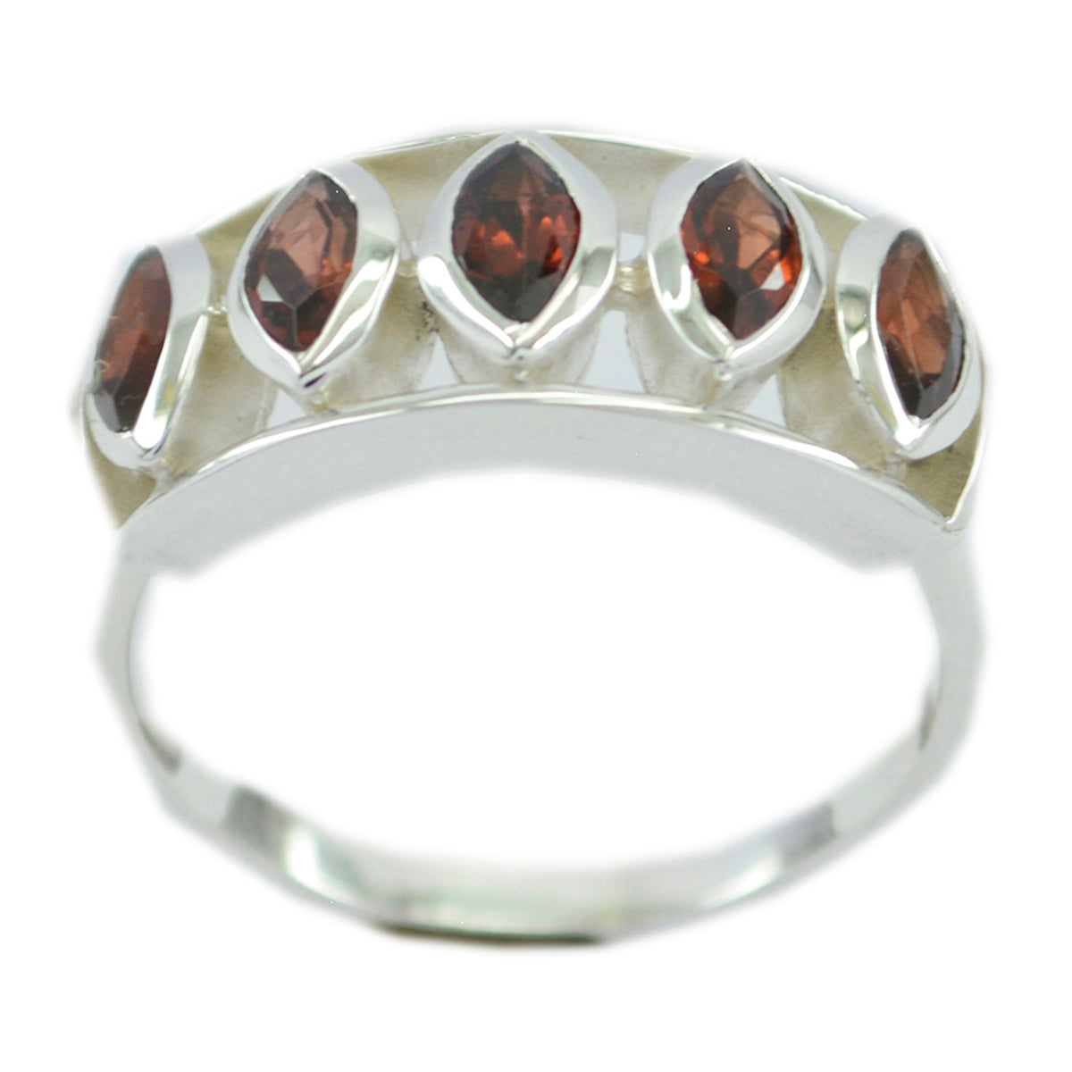 Ayesha sterling silver band boho red gemstone ring with five marquise red stones in bezel setting