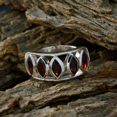 Ayesha sterling silver band with five marquise red stones boho red gemstone ring on rustic wood