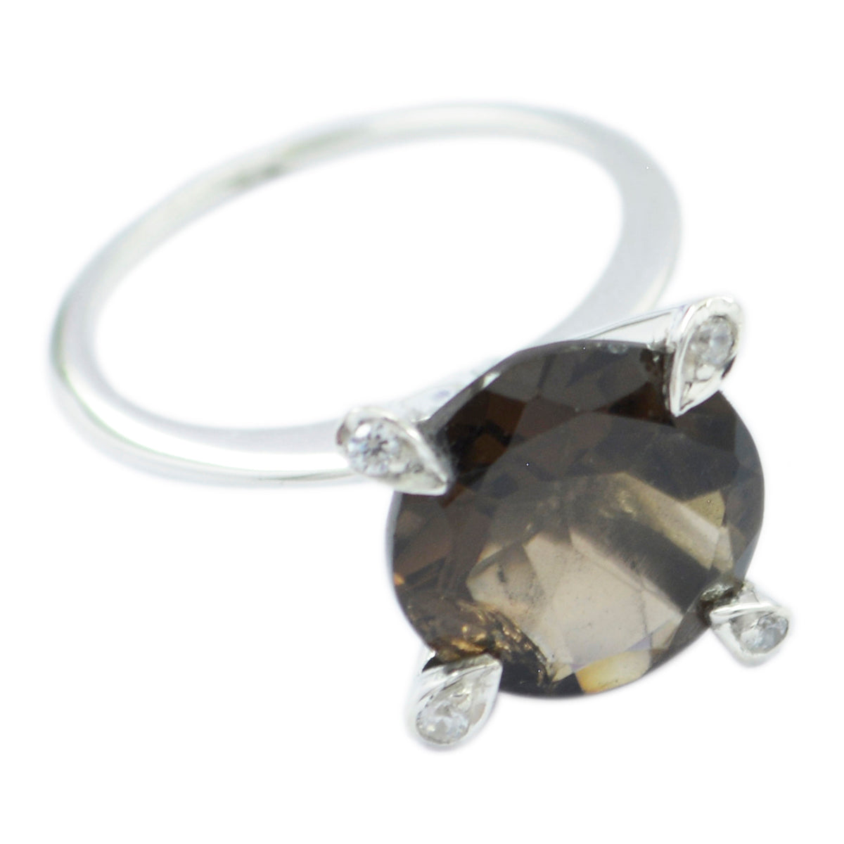 Bruna Brown Gemstone Halo Ring Elegant Silver Band smoky quartz Brown