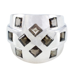 Julia silver wide band ring with nine square brown gemstones arranged in geometric pattern brown gemstone statement ring