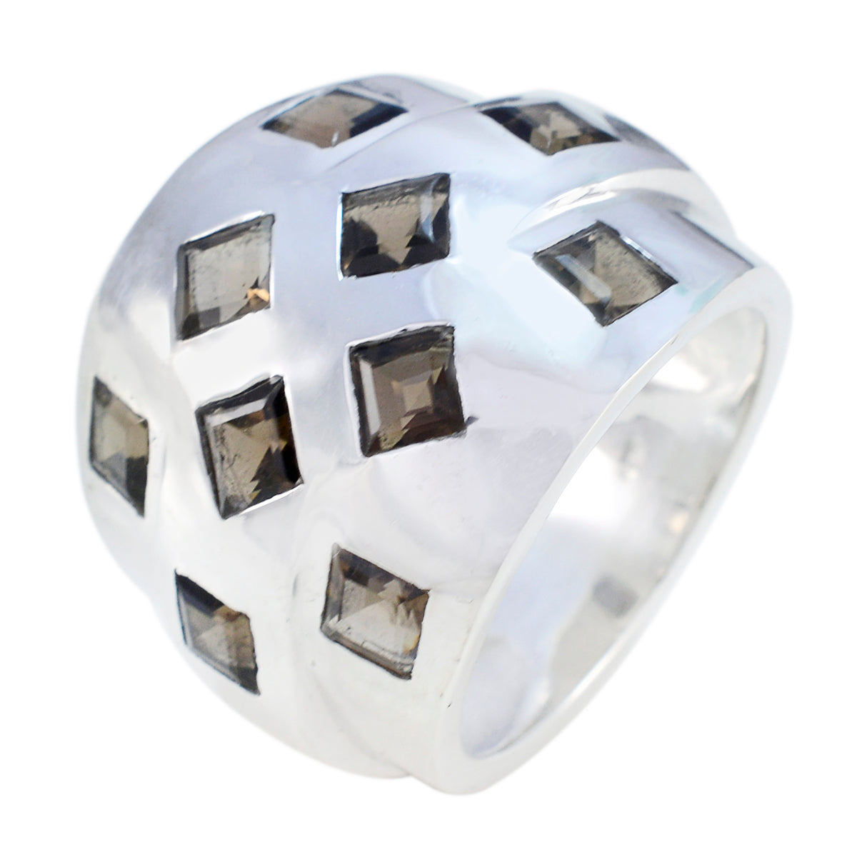 Julia silver wide band brown gemstone statement ring with nine square smoky brown stones in checker pattern