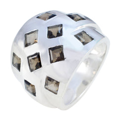 Julia silver wide band brown gemstone statement ring with nine square smoky brown stones in checker pattern