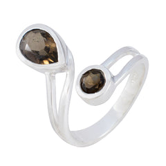 Julia sterling silver open band brown gemstone toi et moi ring with pear and round smoky quartz