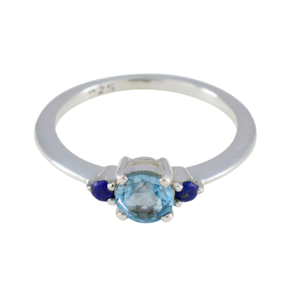 Lili sterling silver ring with aquamarine center and navy side stones ideal colorful stackable rings for women