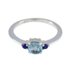 Lili sterling silver ring with aquamarine center and navy side stones ideal colorful stackable rings for women