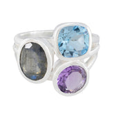 Bianca three stone sterling silver ring with labradorite blue topaz and amethyst colorful statement jewelry ring