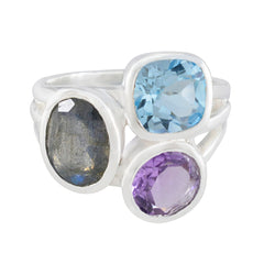 Bianca three stone sterling silver ring with labradorite blue topaz and amethyst colorful statement jewelry ring