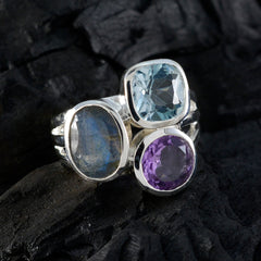 Bianca three stone sterling silver ring with blue topaz amethyst and labradorite colorful statement jewelry ring for evening wear