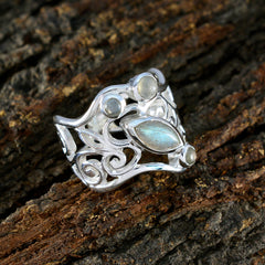 Kennedy silver filigree ring with marquise labradorite center and round cabochons contemporary grey gemstone ring