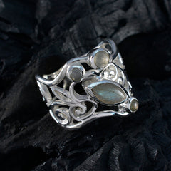 Kennedy contemporary grey gemstone ring sterling silver filigree band with marquise labradorite center and cabochon accents
