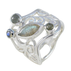 Kennedy contemporary grey gemstone ring with marquise and round labradorite stones in ornate sterling silver filigree band