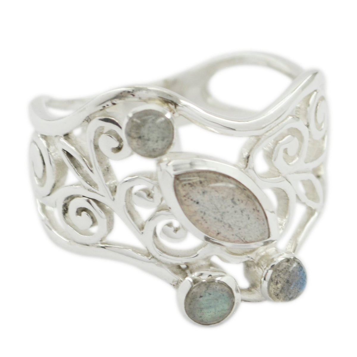 Kennedy sterling silver filigree ring with labradorite accents contemporary grey gemstone ring elegant openwork band