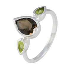 Katarina contemporary multicolor gemstone ring with pear-shaped smoky quartz and green peridot stones set in silver