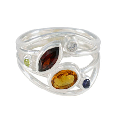 Laura contemporary multicolor gemstone ring with silver bands and various colored gemstones