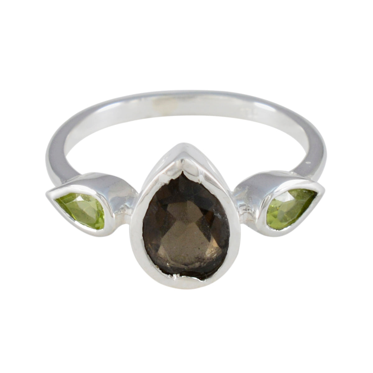 Katarina contemporary multicolor gemstone ring with central teardrop smoky quartz and green peridot stones