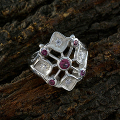 Emily contemporary red gemstone ring with intricate silver design and multiple red stones