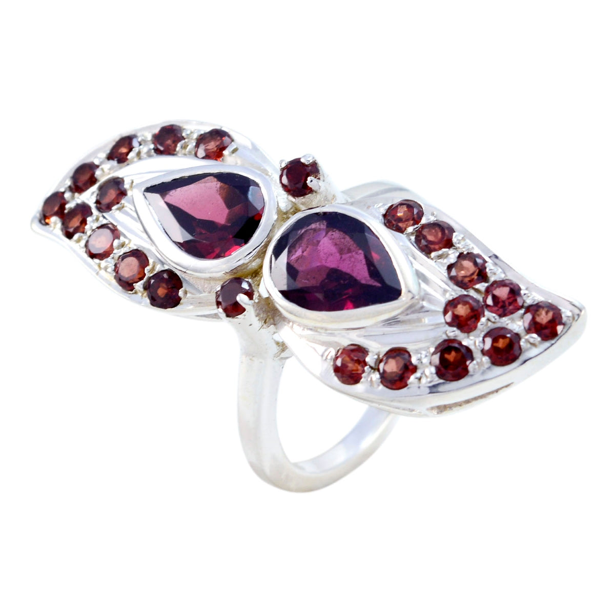 Natcha contemporary red gemstone ring with two pear shaped deep red stones and pave round garnets set in sterling silver