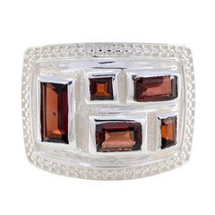 Hazel contemporary red gemstone ring with five rectangular garnet stones in beaded sterling silver setting