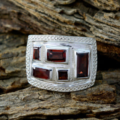 Hazel sterling silver rectangular band with five deep garnet stones contemporary red gemstone ring