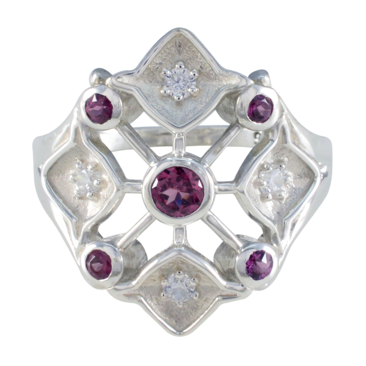 Emily contemporary red gemstone ring with silver geometric design and multiple red stones