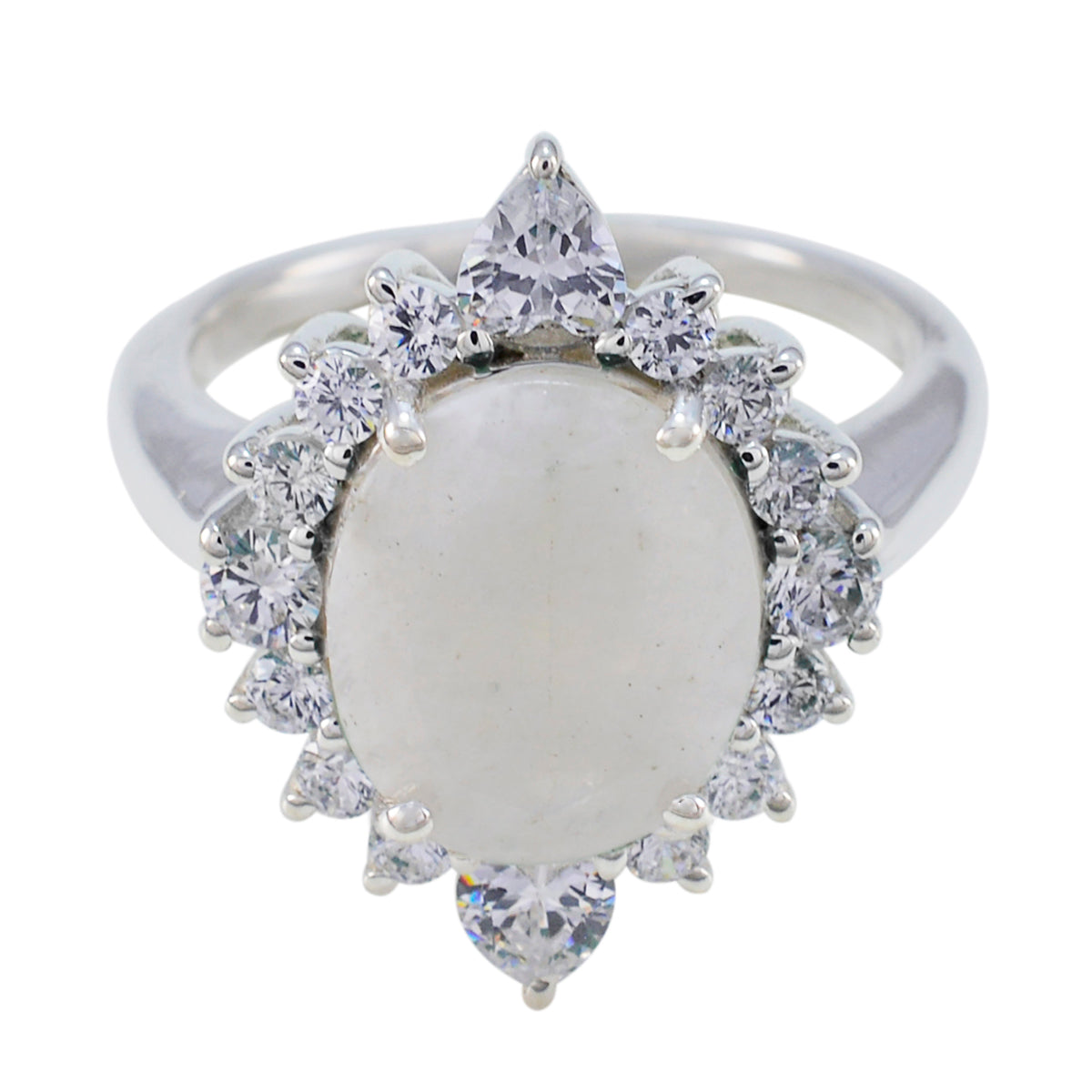 Victoria Contemporary White Halo Ring Rainbow Moonstone White