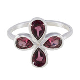 Ayesha floral gemstone ring for women featuring four deep pink teardrop gemstones on silver band
