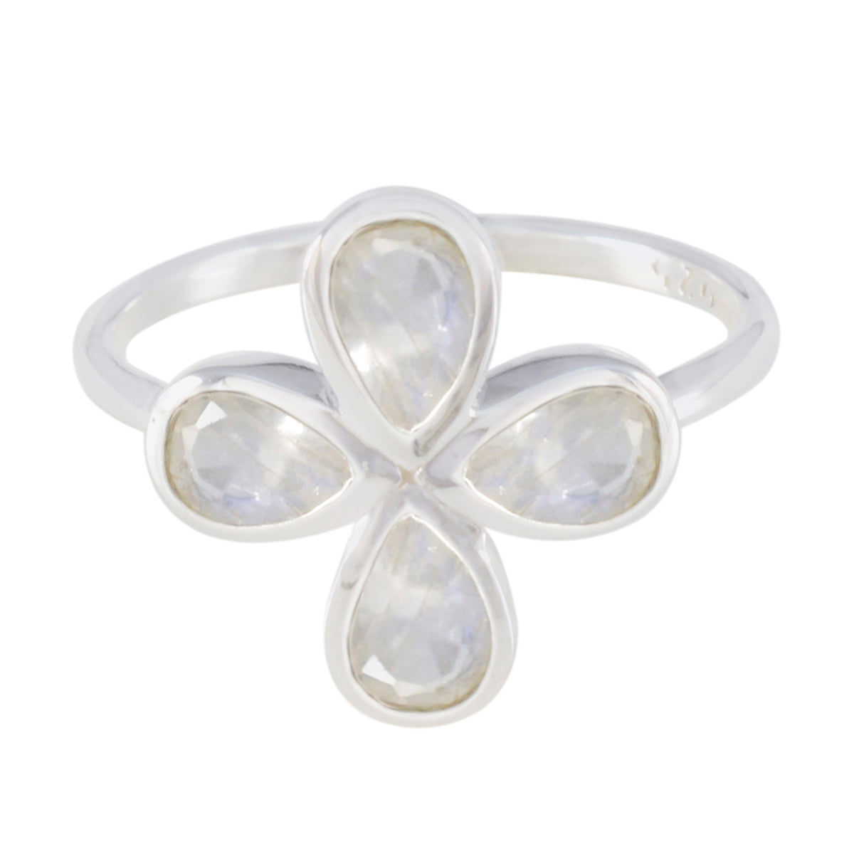 Pauline floral gemstone ring with four teardrop-shaped clear gemstones in silver setting