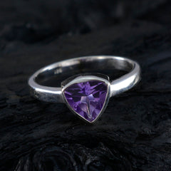 Isadora geometric purple solitaire ring with triangular purple gemstone set in silver band