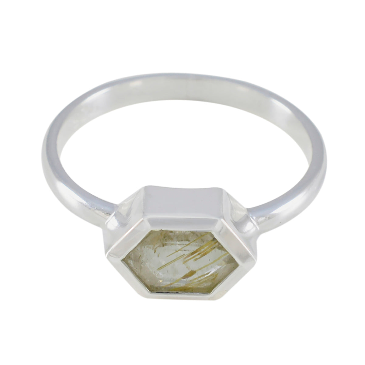 Audrey Golden Hexagon Gemstone Ring in Silver Rutile Quartz Yellow