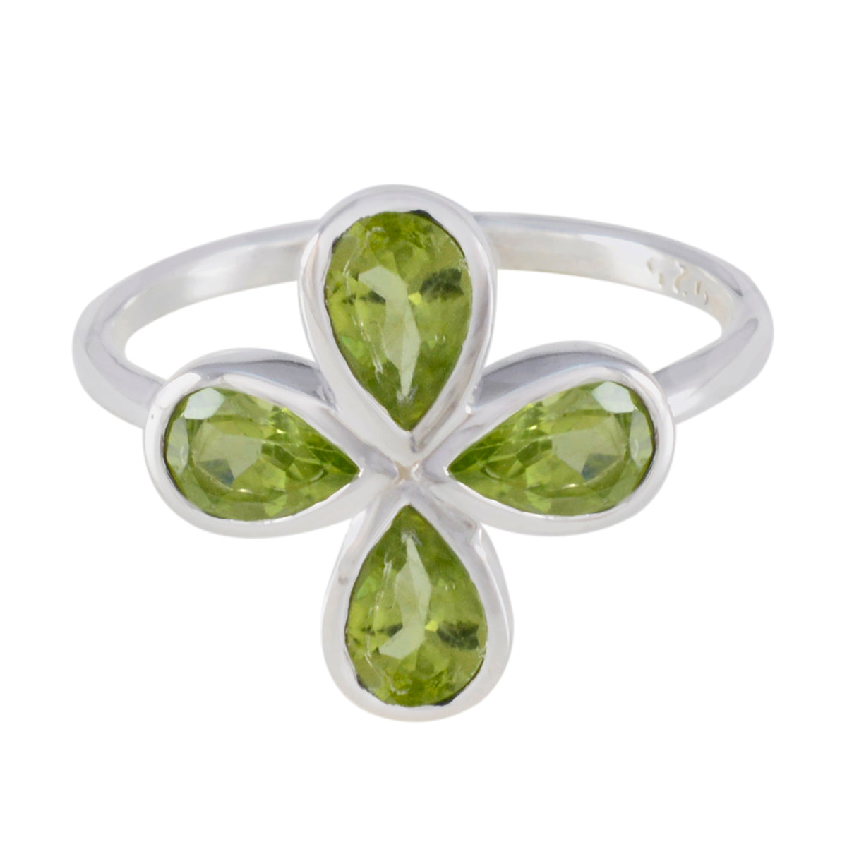 Liyana silver ring with four pear shaped peridot stones arranged as a floral clover green gemstone floral ring