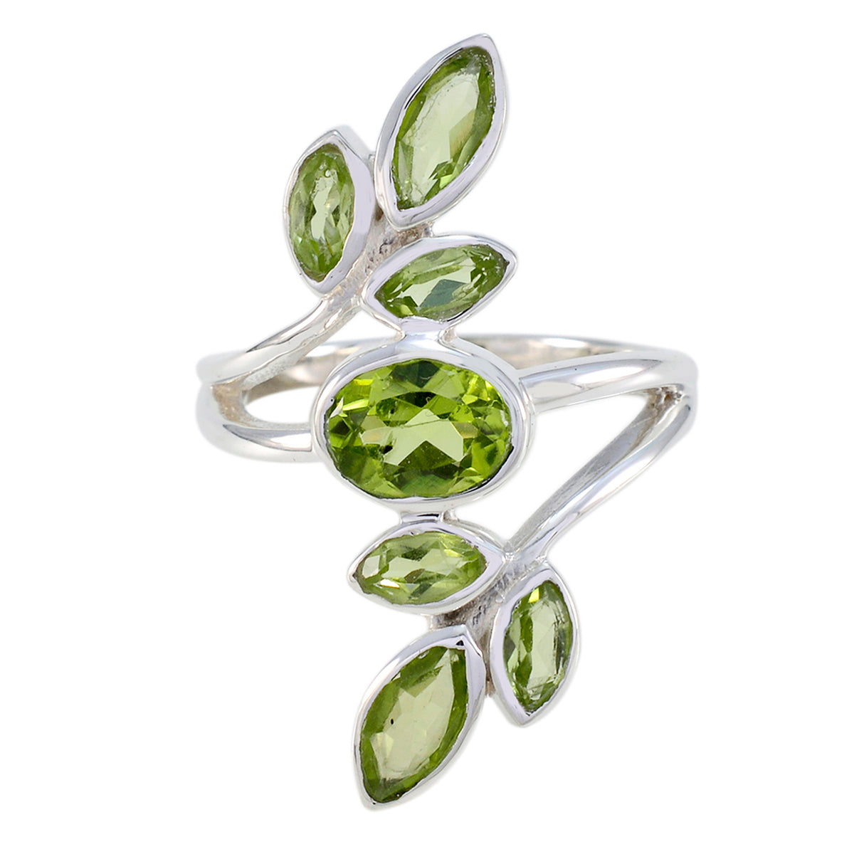 Araya elegant silver green gemstone leafy ring with multiple faceted green stones in leaf shapes