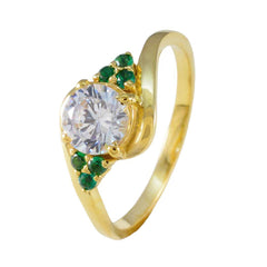 Araya gold ring with central round white gemstone and green accent stones elegant green gemstone romantic ring