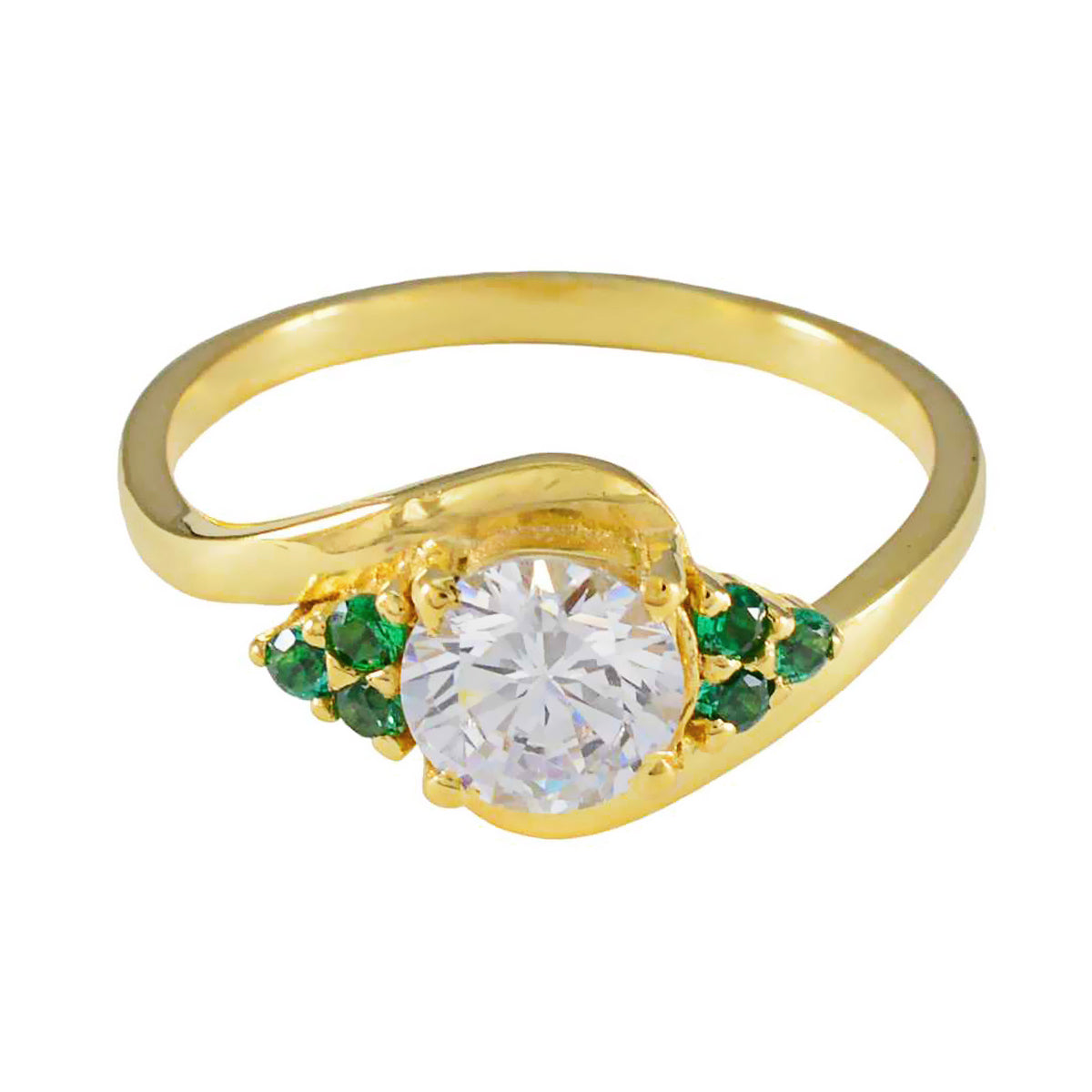 Araya gold twisted band ring with round clear center stone and emerald side accents green gemstone romantic ring