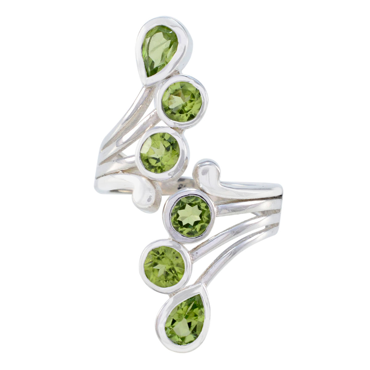 Riya silver open band ring with pear and round peridot stones green gemstone statement ring