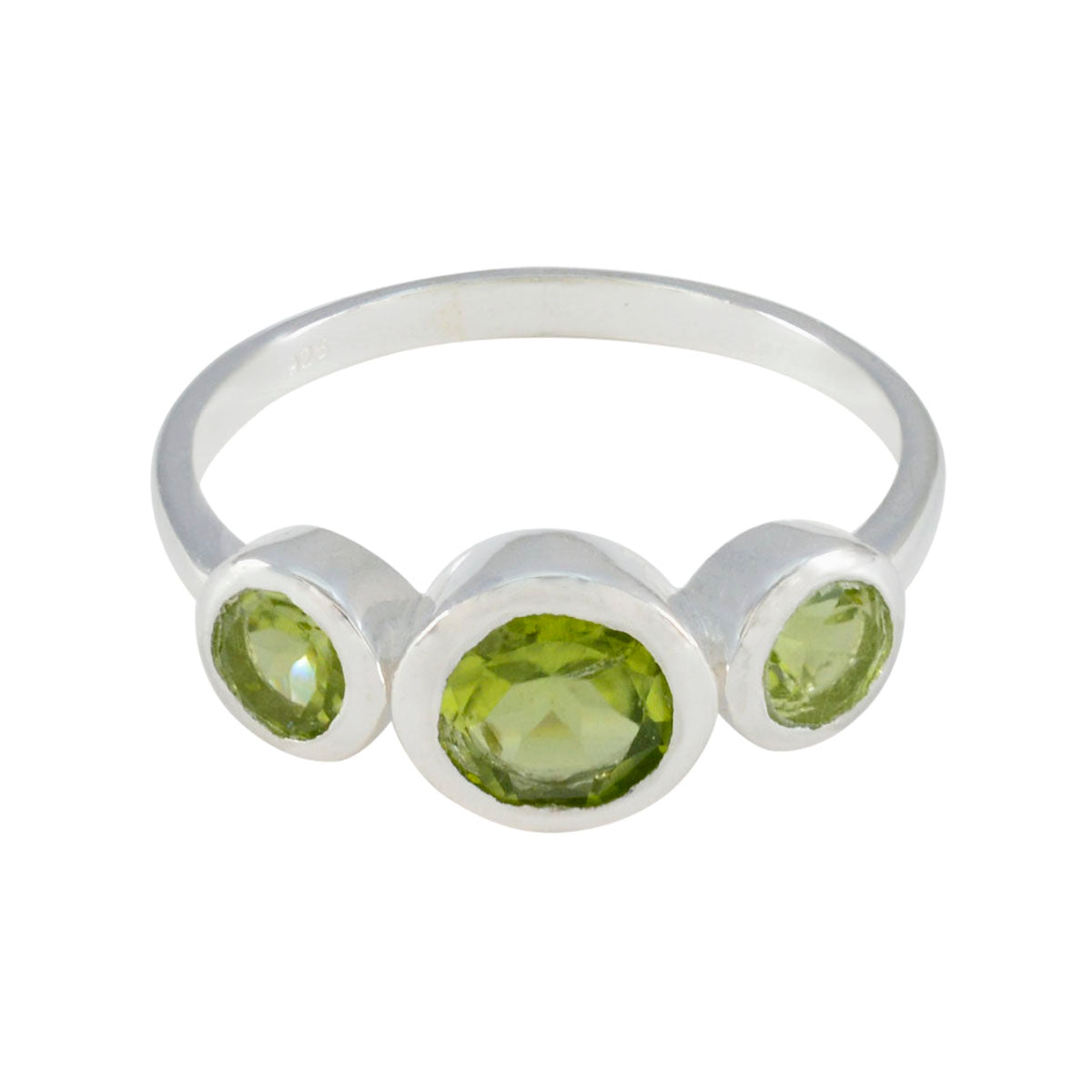 Lily silver green gemstone trilogy ring with central round peridot and two smaller bezel set stones for everyday wear
