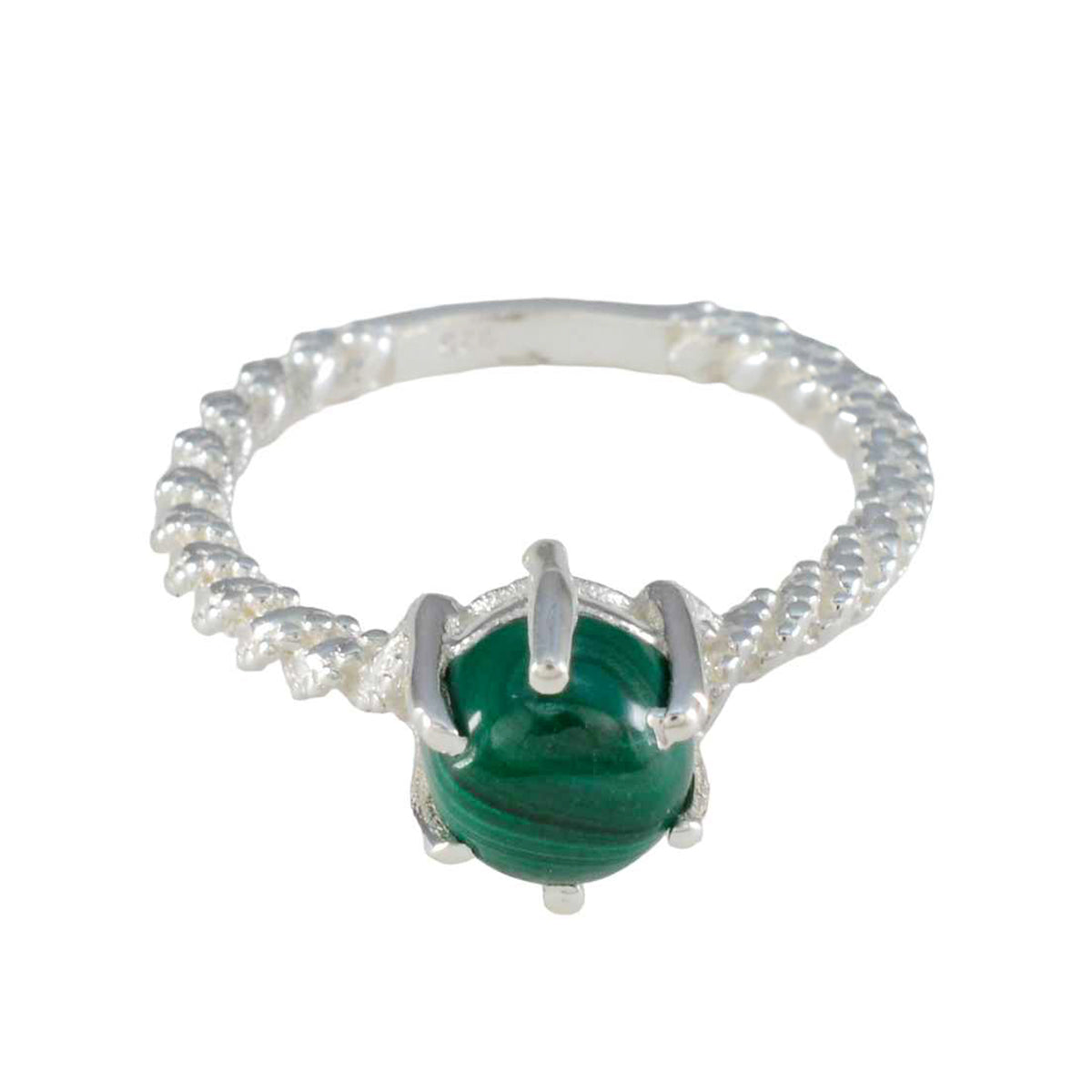 Emilia Green Solitaire Ring with Silver Braided Band Malachite Green