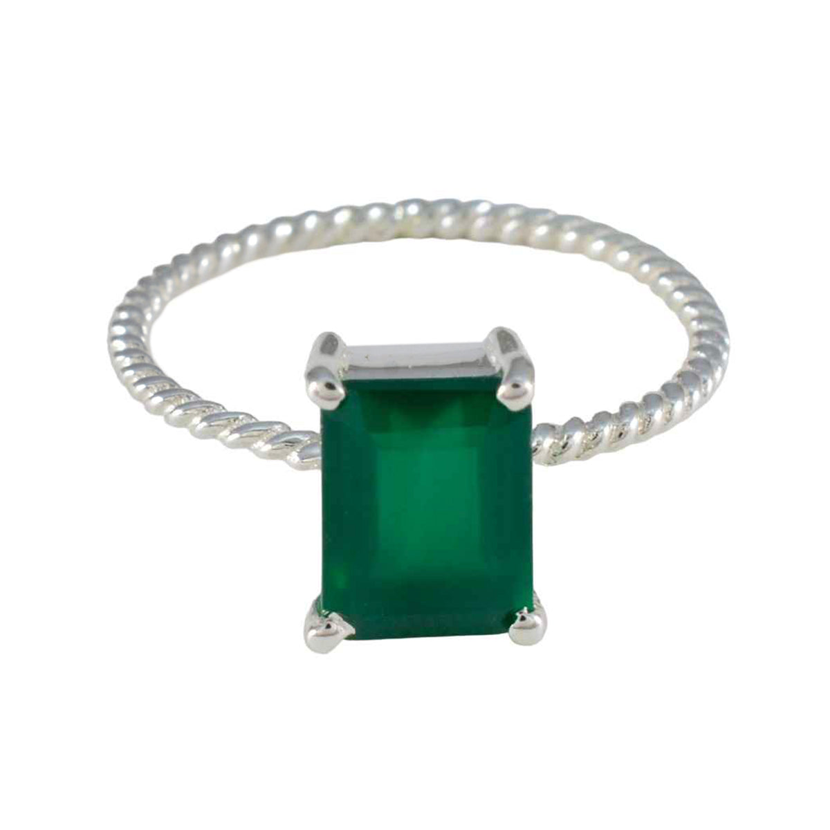 Chen Green Solitaire Ring with Emerald Cut Gemstone Green Onyx Green