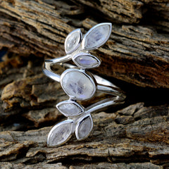 Victoria silver ring with leaf design white gemstone ring featuring marquise and oval cabochons on split band