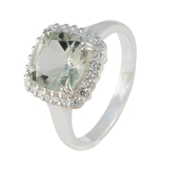 Lorena light green halo ring cushion cut gemstone with clear stone halo on silver band