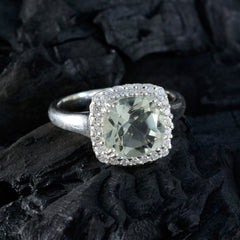 Lorena light green halo ring cushion cut pale green gemstone with diamond halo on silver band elegant engagement ring