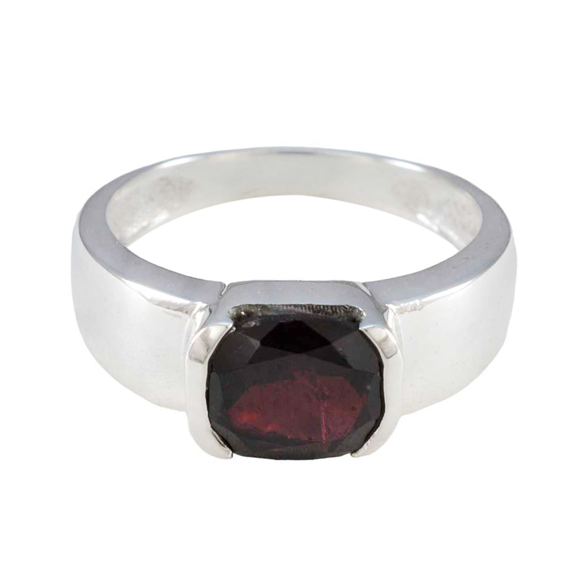 Saanvi luxurious red solitaire ring with cushion cut red gemstone set in polished sterling silver band