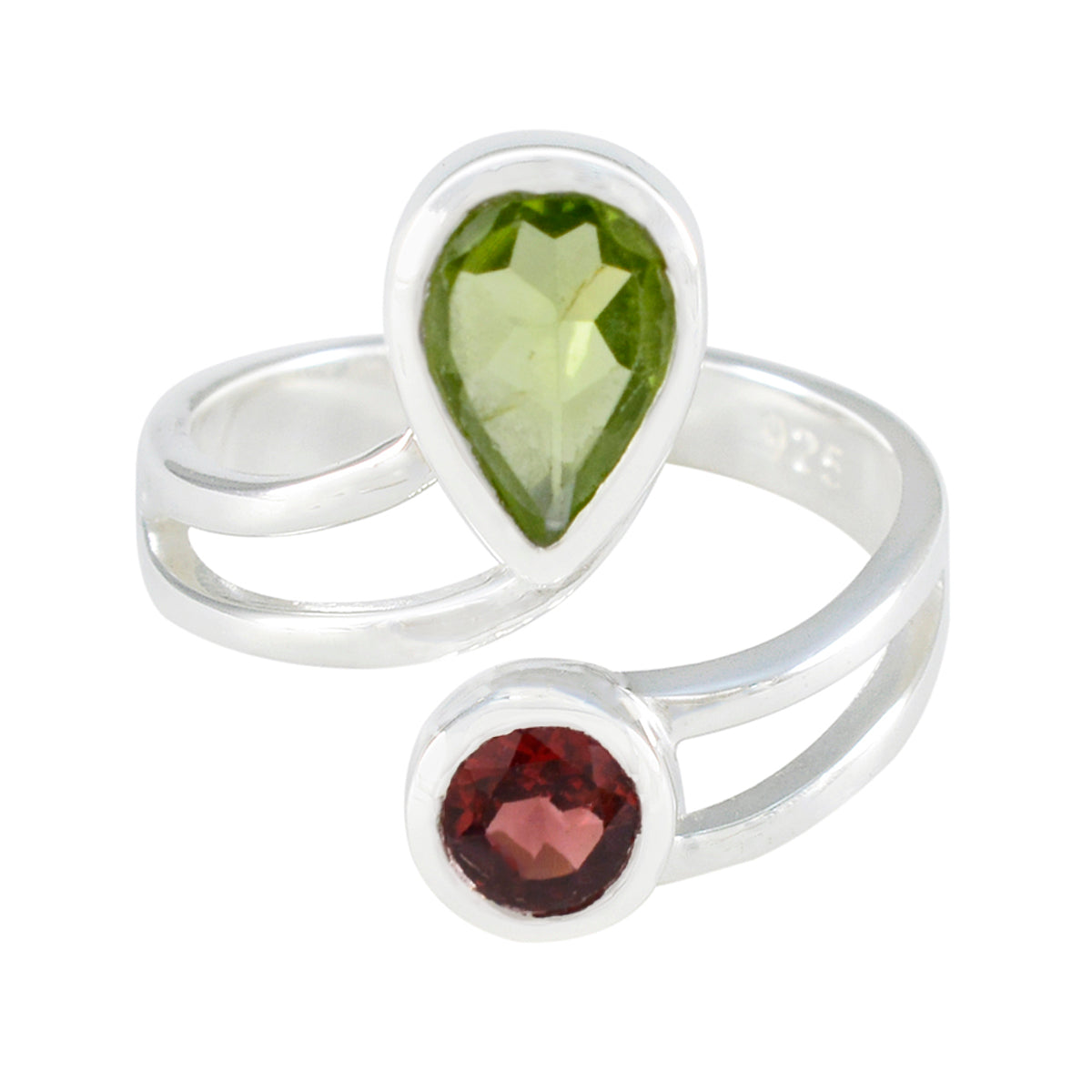 Ananya silver ring with pear green peridot and round red garnet gemstones luxurious toi et moi ring