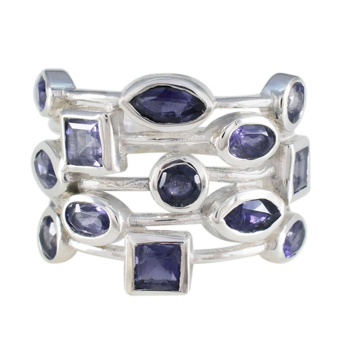 Siti modern blue gemstone ring with multiple blue stones in various shapes set in silver bands