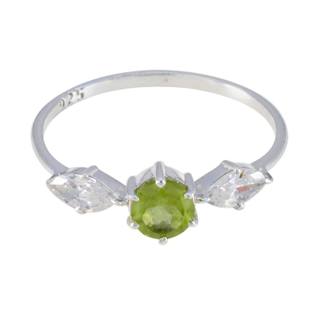 Hana modern green gemstone ring with silver band and clear side stones