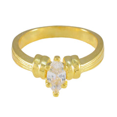 Rina gold band modern white solitaire ring with marquise clear gemstone centerpiece